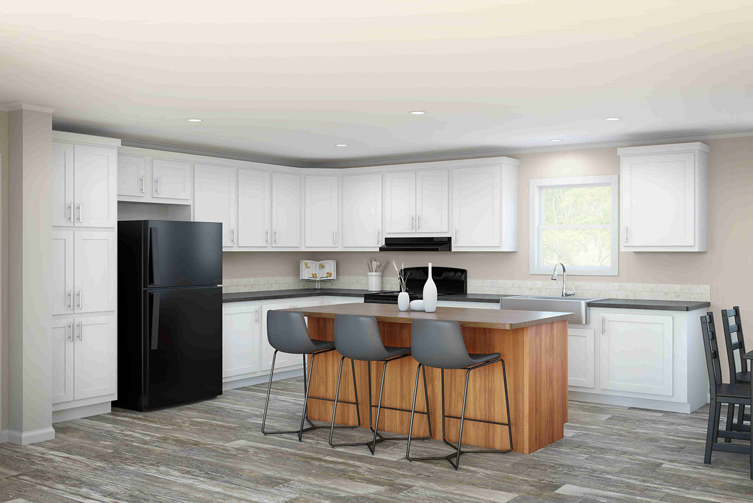 Kitchen with white cabinets and a black fridge. There is a brown island with three bar stools. Computer rendering.