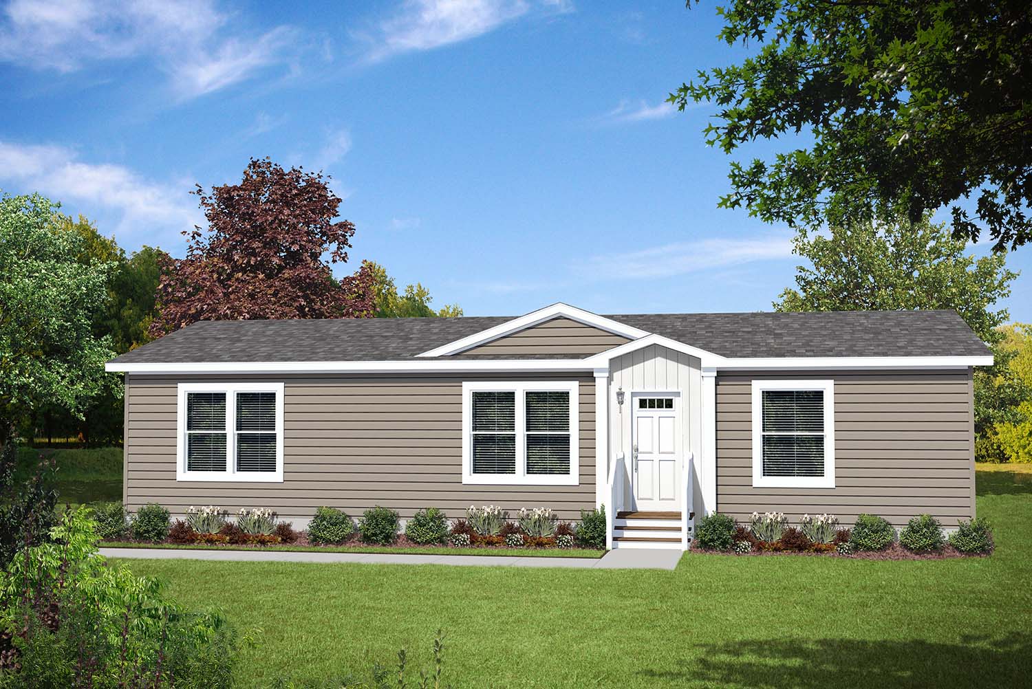 Computer rendering of the exterior of a manufactured home. It is gray-brown with a white front door and steps.